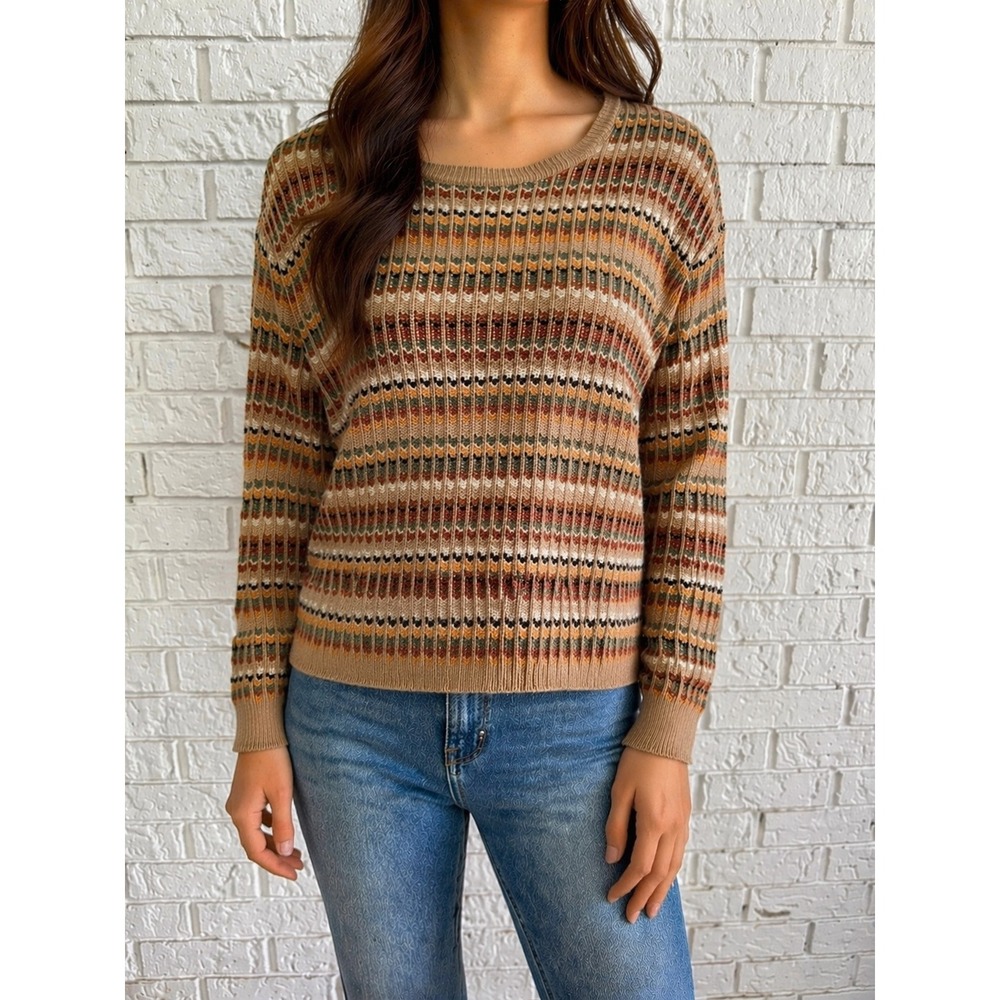 Alfred Dunner Sweater‎ Women XL Tan  Striped Knit Crew Neck USA Made